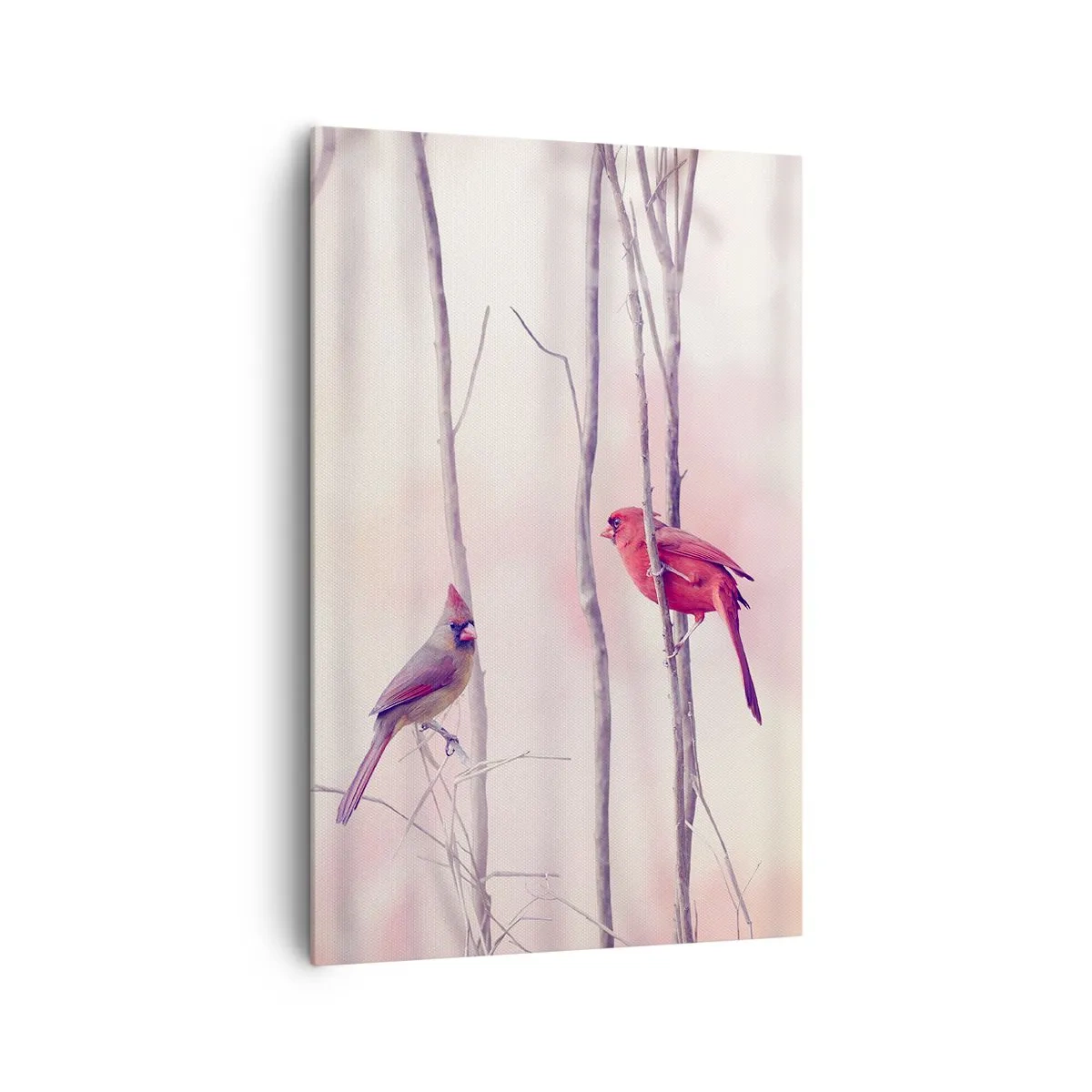 Obraz na płótnie - Para kardynałów na gałęziach w pastelowym krajobrazie - 80x120cm - Opowieść różowego lasu - Nowoczesna dekoracja ścienna do salonu i sypialni ARTTOR