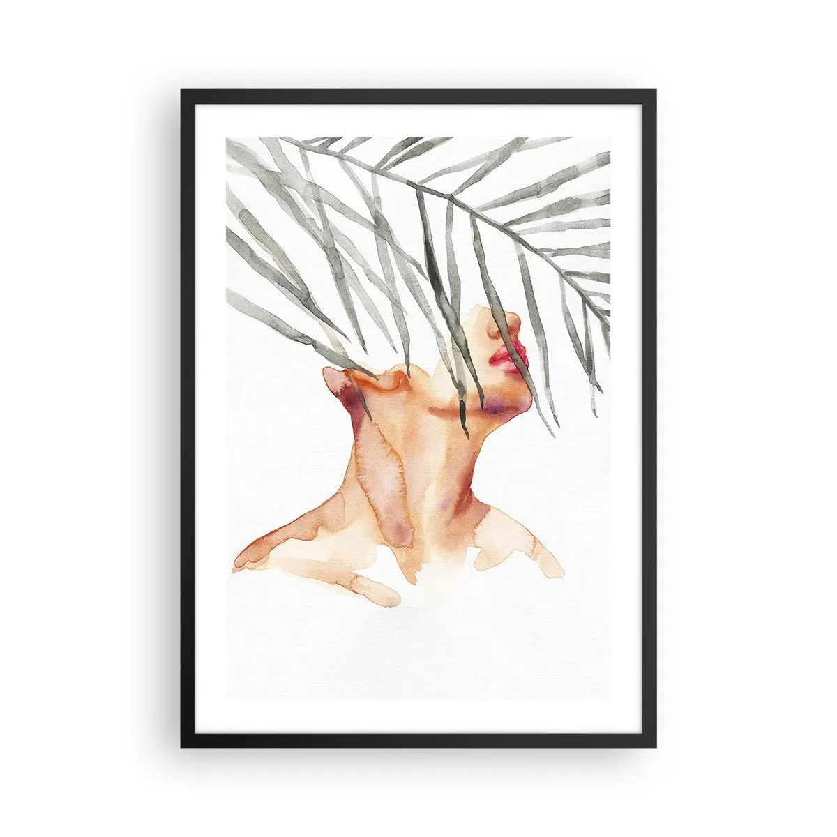 Plakat w czarnej ramie - Akwarelowa kobieta z liśćmi palmy zasłaniającymi twarz - 50x70cm - Poczuć puls tropików - Nowoczesna dekoracja ścienna do salonu i sypialni ARTTOR
