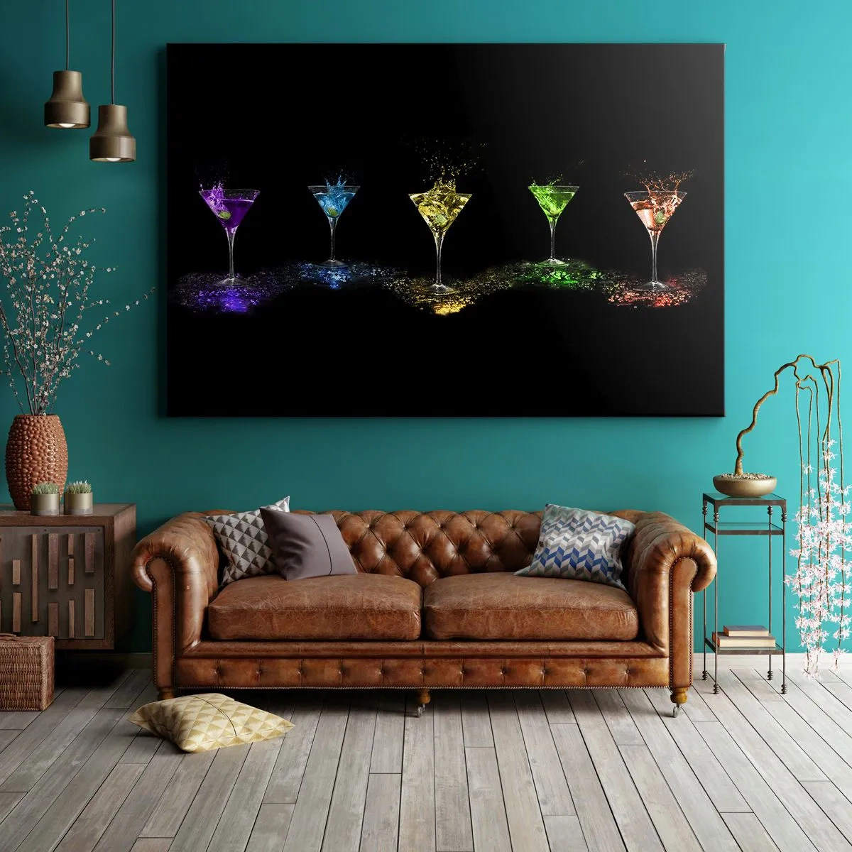 Obraz na płótnie - Kolorowe koktajle w kieliszkach na czarnym tle - 70x50cm - Kolory radości w kryształowym szkle - Nowoczesna dekoracja ścienna do salonu i sypialni ARTTOR
