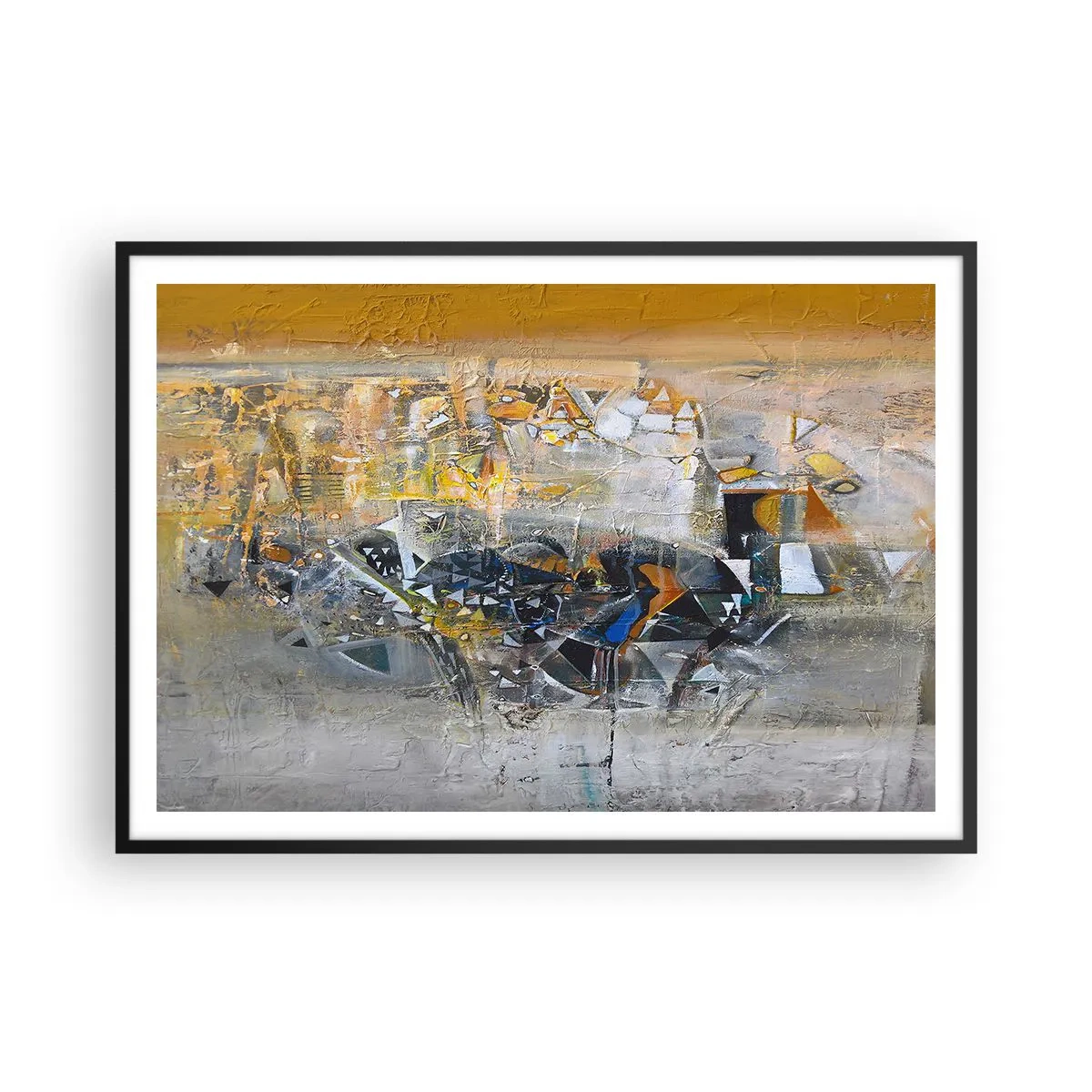 Plakat w czarnej ramie - Abstrakcja z dominującymi odcieniami żółci i szarości - 100x70cm - Wszystko się poukłada - Nowoczesna dekoracja ścienna do salonu i sypialni ARTTOR