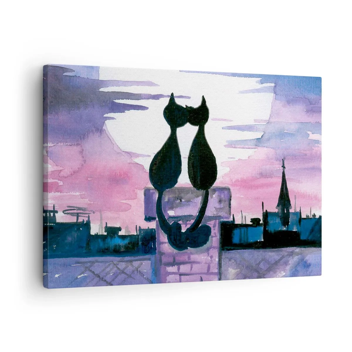 Obraz na płótnie - Czarne koty na dachu w świetle księżyca w akwarelowej scenerii - 70x50cm - Rendez-vous pod księżycem - Nowoczesna dekoracja ścienna do salonu i sypialni ARTTOR