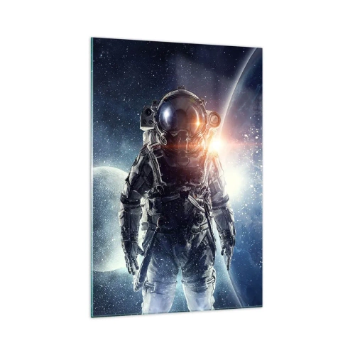 Obraz na szkle - Astronauta na tle kosmosu i planety Ziemi - 70x100cm - Kosmiczna przygoda - Nowoczesna dekoracja ścienna do salonu i sypialni ARTTOR