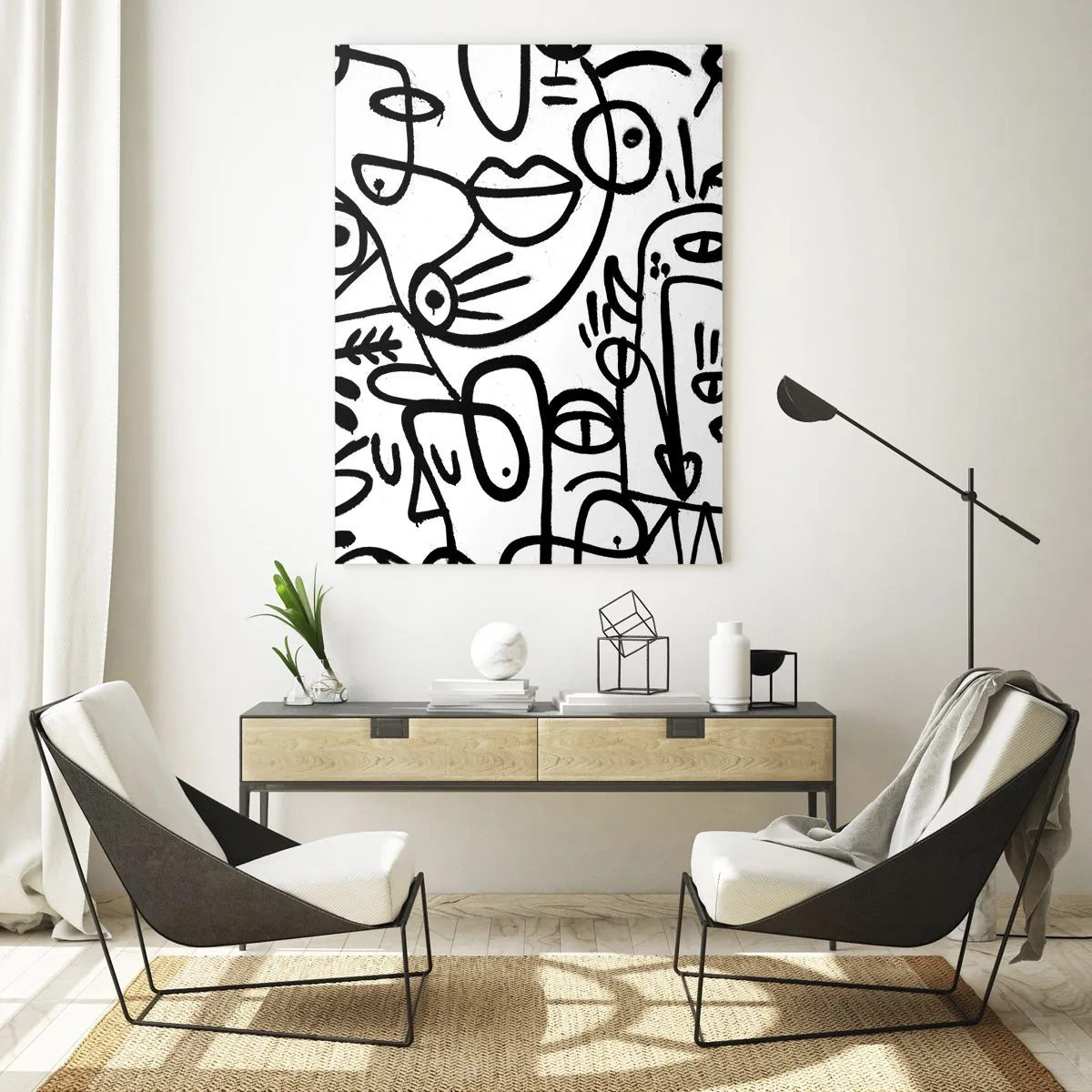 Obraz na szkle - Czarno-biała abstrakcja z oczami, twarzami i liniami - 50x70cm - Twarze i miraże - Nowoczesna dekoracja ścienna do salonu, kuchni i sypialni ARTTOR