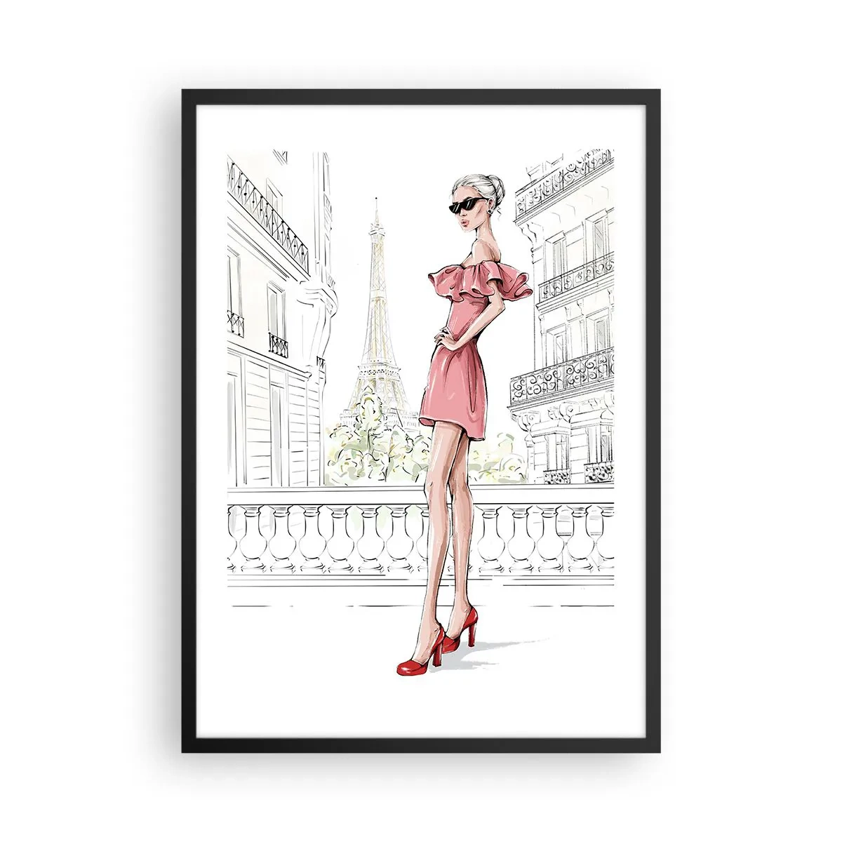 Plakat w czarnej ramie - Sztuka mody - Elegancka kobieta w różowej sukience na tle wieży Eiffla - 50x70cm