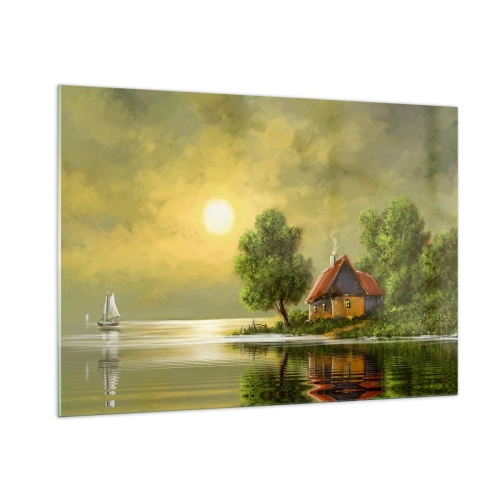 Obraz na szkle - Malowniczy pejzaż z chatą nad jeziorem o zachodzie słońca - 100x70cm - Pięknie, jak z obrazka - Nowoczesna dekoracja ścienna do salonu, kuchni i sypialni ARTTOR