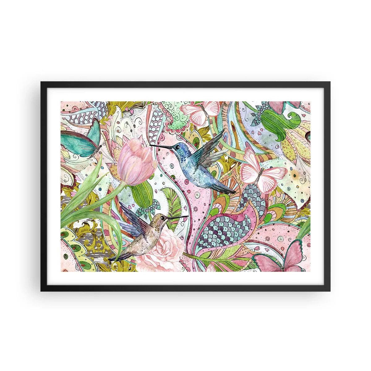 Plakat w czarnej ramie - Kolorowe kolibry i motyle wśród roślin - 70x50cm - Wplątane w pnączach - Nowoczesna dekoracja ścienna do salonu i sypialni ARTTOR