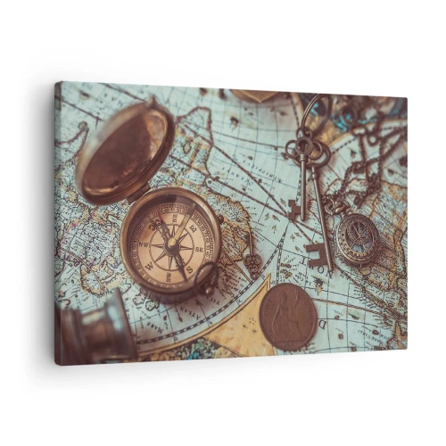 Obraz na płótnie - Kompozycja z kompasem, kluczami i starą mapą w stylu retro - 70x50cm - Dla poszukiwacza przygód - Nowoczesna dekoracja ścienna do salonu i sypialni ARTTOR
