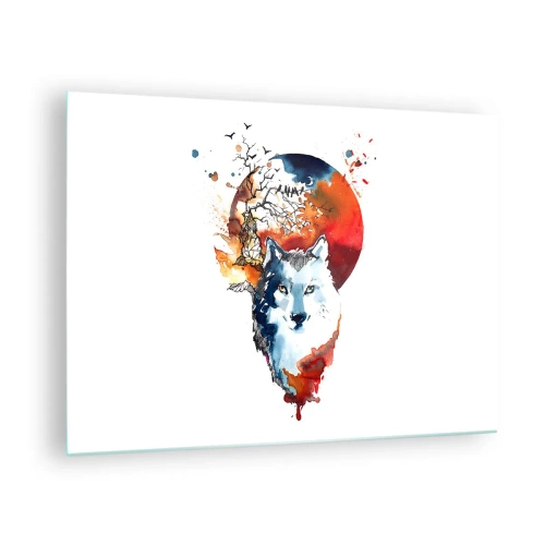 Obraz na szkle - Ilustracja przedstawiająca wilka z pełnią księżyca w tle - 70x50cm - Nos w nos z nocą - Nowoczesna dekoracja ścienna do salonu i sypialni ARTTOR
