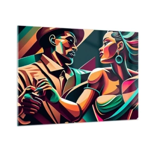Obraz na szkle - Kolorowa para tańcząca w stylu art deco z dynamiczną ekspresją - 100x70cm - W rytmie serca - Nowoczesna dekoracja ścienna do salonu, kuchni i sypialni ARTTOR
