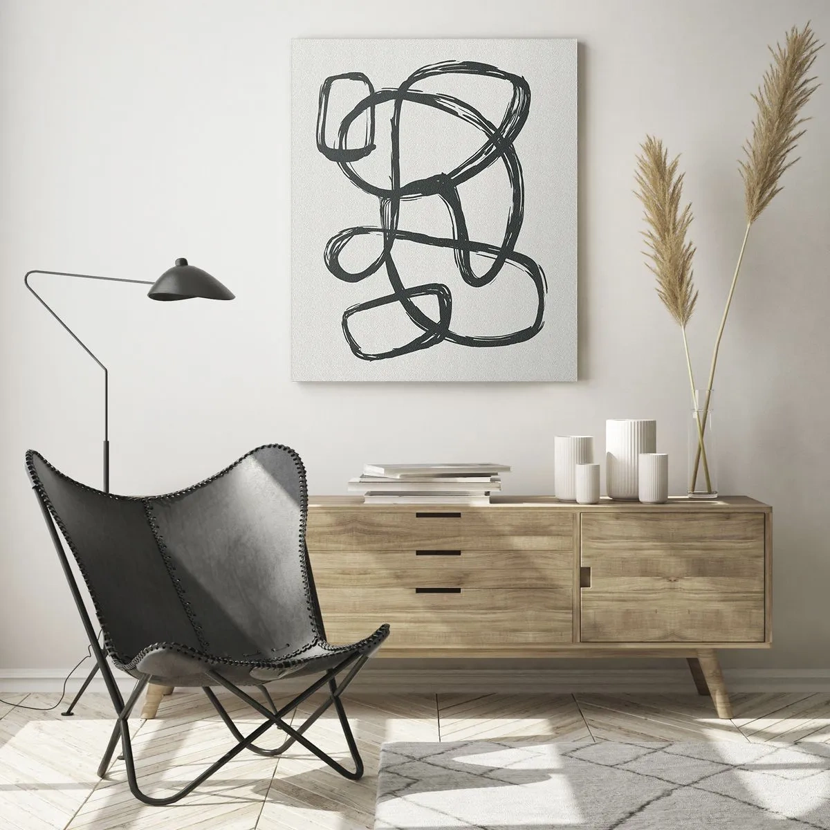 Obraz na szkle - Abstrakcyjne linie tworzące swobodne kształty na jasnym tle - 70x100cm - Zapętlona abstrakcja - Nowoczesna dekoracja ścienna do salonu i sypialni ARTTOR