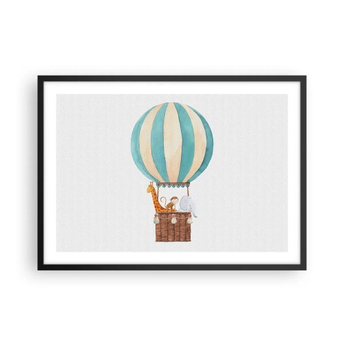 Plakat w czarnej ramie - Balon z uroczymi zwierzętami w pastelowych barwach - 70x50cm - Fantastyczna wycieczka - Nowoczesna dekoracja ścienna do salonu i sypialni ARTTOR