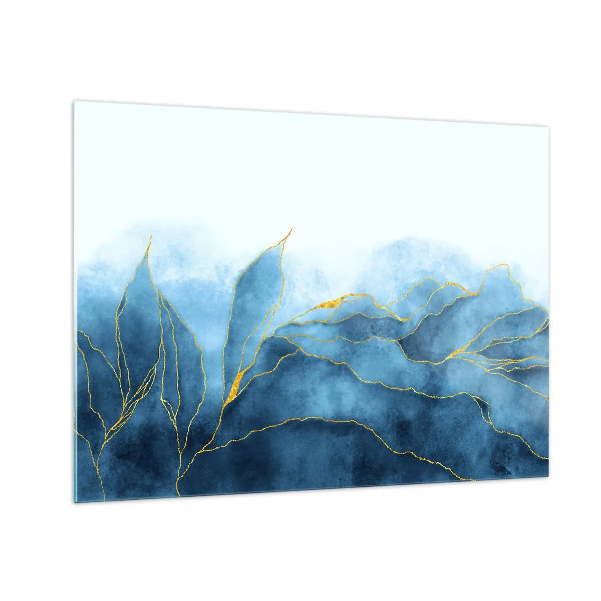 Obraz na szkle - Abstrakcyjne błękitne kształty z delikatnymi złotymi liniami - 70x50cm - Błękit w złocie - Nowoczesna dekoracja ścienna do salonu i sypialni ARTTOR
