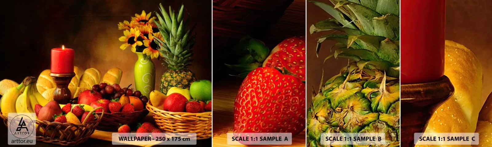 Fototapeta Próbka Standard Eco - Martwa natura z pieczywem i owocami - Gastronomia, Kwiaty, Owoce - 100x30 cm