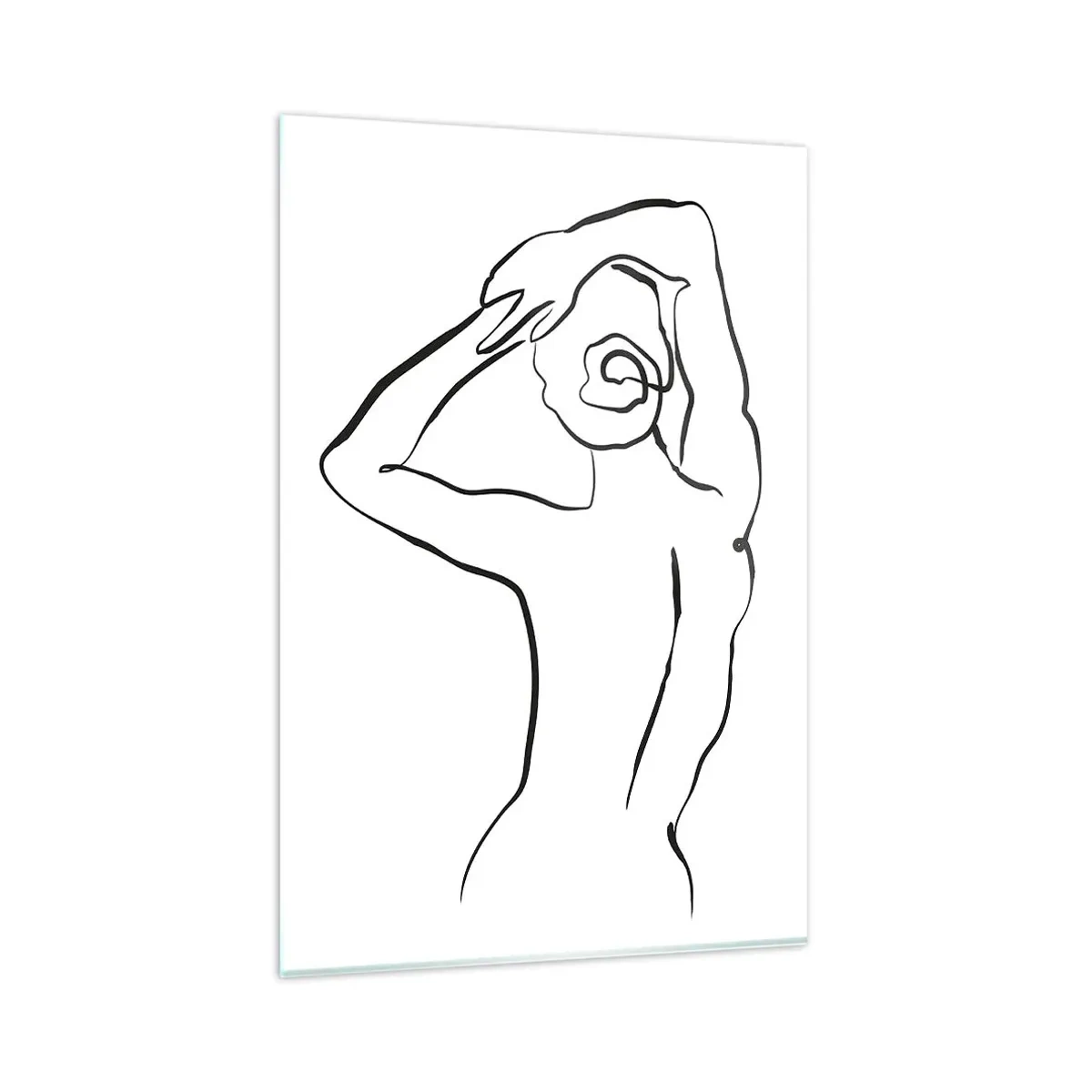 Obraz na szkle - Minimalistyczna linia konturowa kobiecej sylwetki widzianej od tyłu na białym tle - 80x120cm - Akt o poranku - Nowoczesna dekoracja ścienna do salonu i sypialni ARTTOR