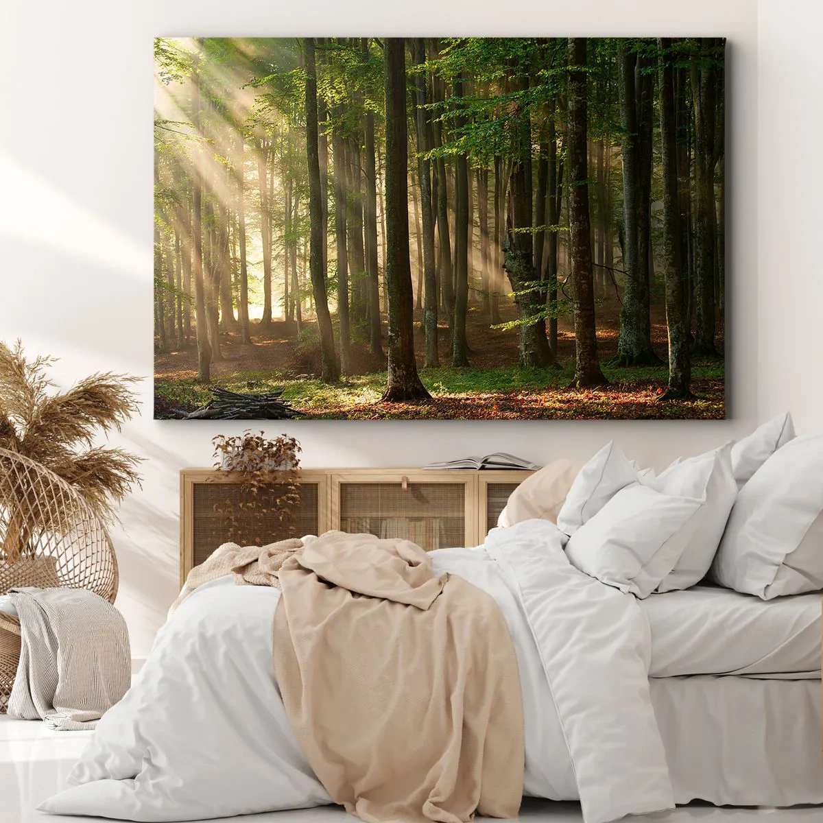 Obraz na płótnie - Promienie słońca przenikające przez drzewa w lesie - 70x50cm - Rozpromieniony w wiosenny poranek - Nowoczesna dekoracja ścienna do salonu i sypialni ARTTOR