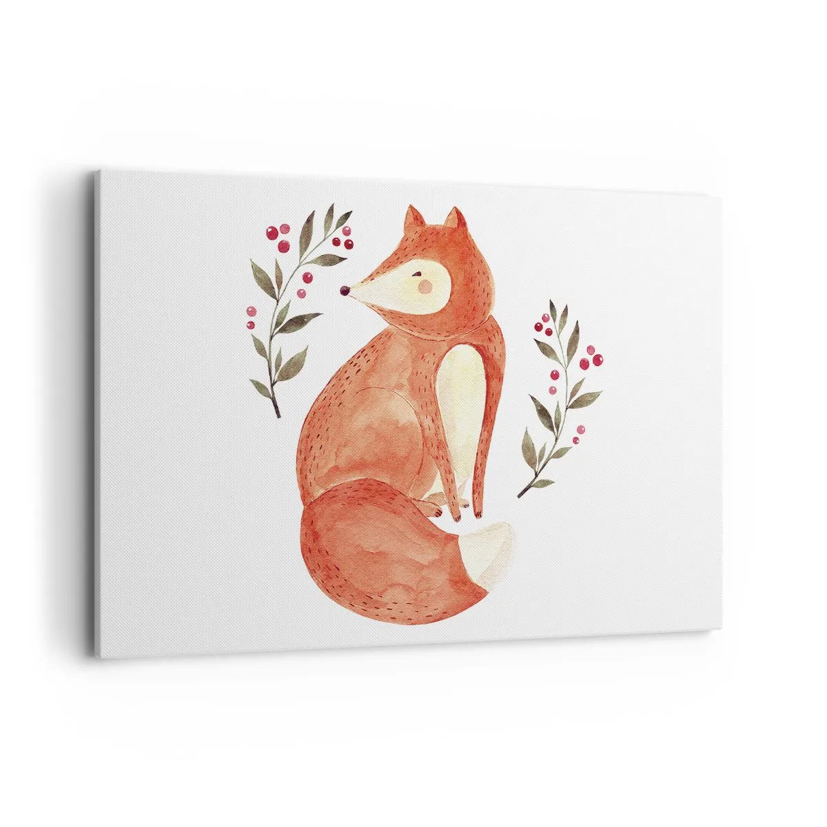 Obraz na płótnie - Akwarelowy lis w otoczeniu gałązek z jagodami - 120x80cm - Mały rudzielec - Nowoczesna dekoracja ścienna do salonu, kuchni i sypialni ARTTOR