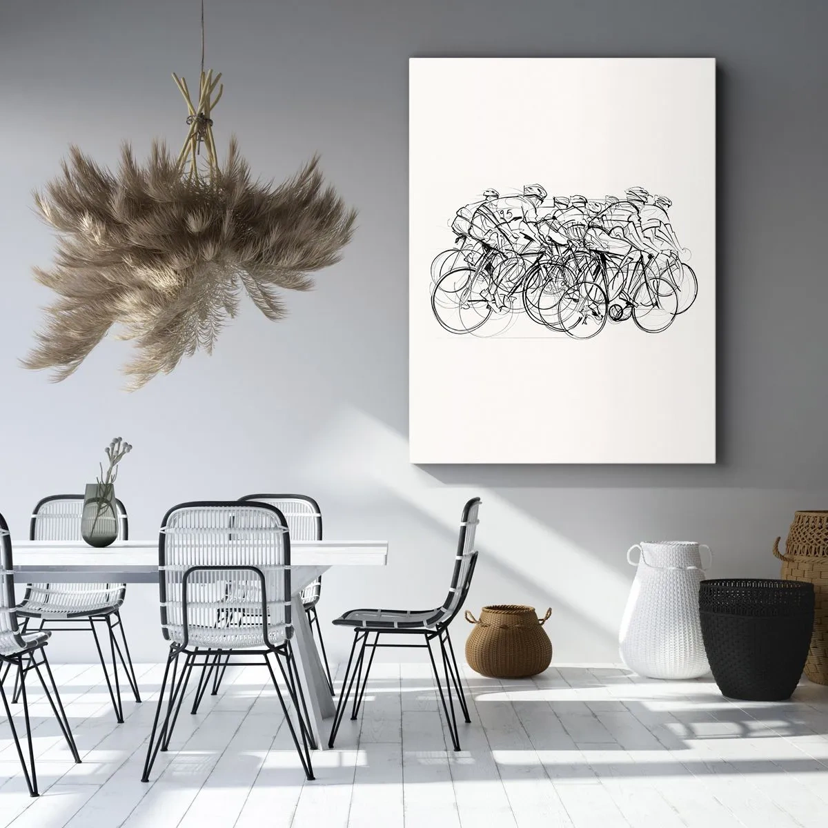 Obraz na płótnie - Grupa kolarzy w ruchu w minimalistycznym stylu - 70x100cm - Wespół w zespół - Nowoczesna dekoracja ścienna do salonu i sypialni ARTTOR