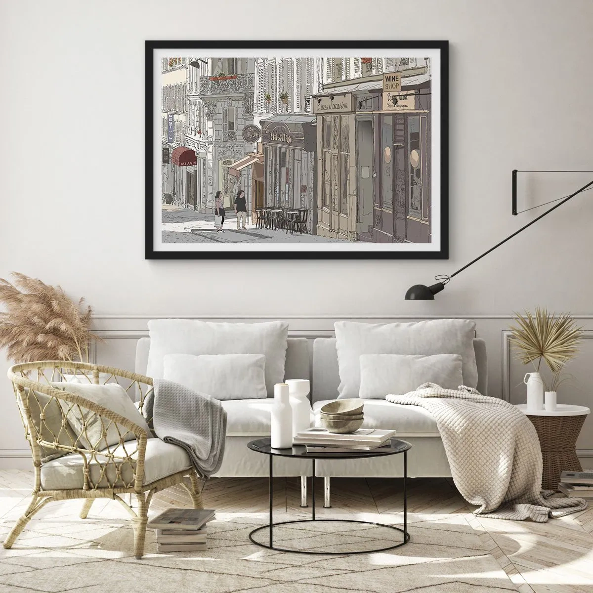 Plakat w czarnej ramie - Ilustracja ulicy miejskiej z kawiarniami i sklepami - 70x50cm - Miejskie radości - Nowoczesna dekoracja ścienna do salonu i sypialni ARTTOR