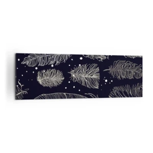 Obraz na płótnie - Delikatne białe pióra na granatowym tle - 160x50cm - Pierzasta koronka - Nowoczesna dekoracja ścienna do salonu i sypialni ARTTOR