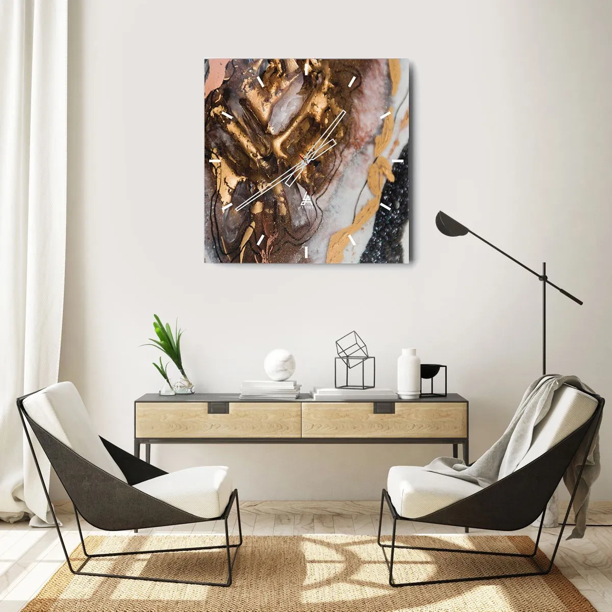 Zegar ścienny - Abstrakcyjna kompozycja z elementami złota i kryształów - 30x30cm - Żywioł ziemi - Nowoczesna dekoracja ścienna do salonu i sypialni ARTTOR