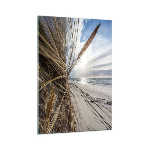 Obraz na szkle - Złote trawy na tle piaszczystej plaży i morza - 50x70cm - Spotkanie żywiołów - Nowoczesna dekoracja ścienna do salonu, kuchni i sypialni ARTTOR
