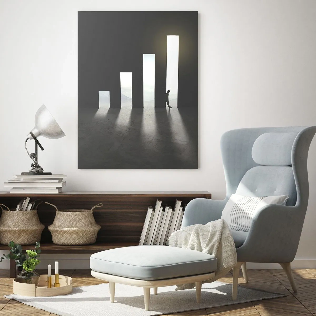 Obraz na szkle - Symboliczny wzrost w postaci przejść oświetlonych światłem - 70x100cm - Sukces – impresja - Nowoczesna dekoracja ścienna do salonu i sypialni ARTTOR