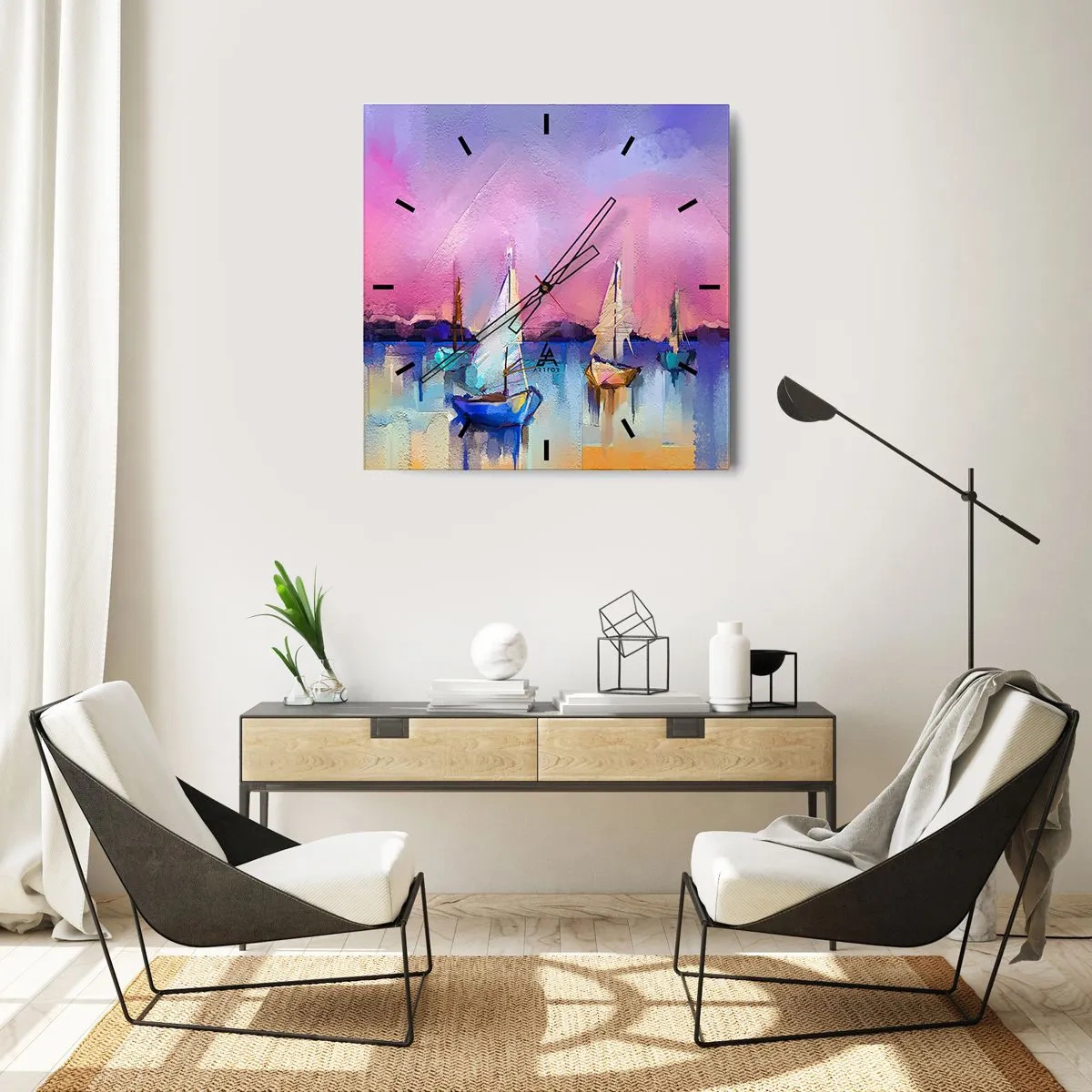 Zegar ścienny - Żaglówki na spokojnym morzu w pastelowych kolorach zachodu - 30x30cm - Kierunek: szerokie wody - Nowoczesna dekoracja ścienna do salonu i sypialni ARTTOR