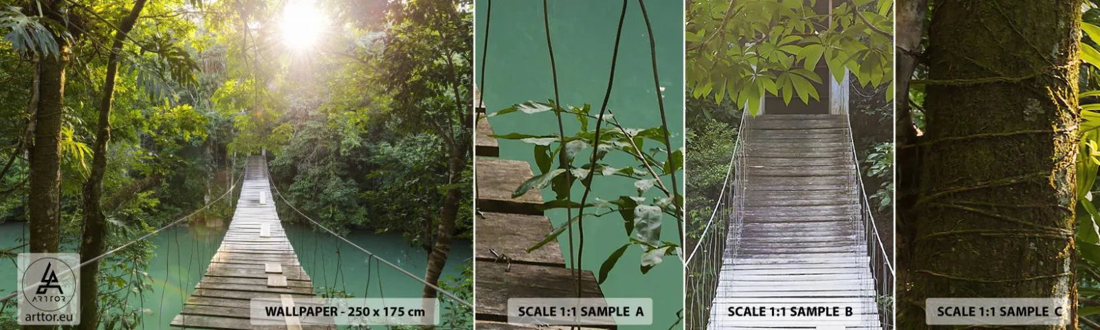 Fototapeta Próbka Samoprzylepna Deluxe Sticker - Nad lazurową wodą do lazurowego lasu - Krajobraz , Dżungla, Drewniany Most - 100x30 cm