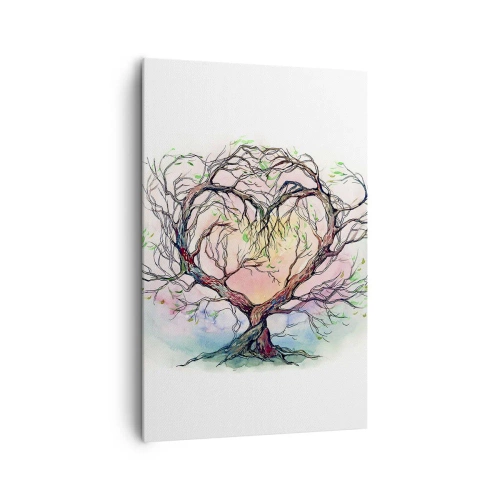 Obraz na płótnie - Drzewo w kształcie serca na tle delikatnych pastelowych kolorów - 80x120cm - Razem przeciwko wichurom - Nowoczesna dekoracja ścienna do salonu i sypialni ARTTOR