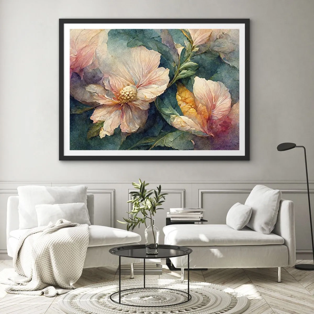 Plakat w czarnej ramie - Delikatne kwiaty w pastelowych barwach - 70x50cm - Sama subtelność - Nowoczesna dekoracja ścienna do salonu i sypialni ARTTOR