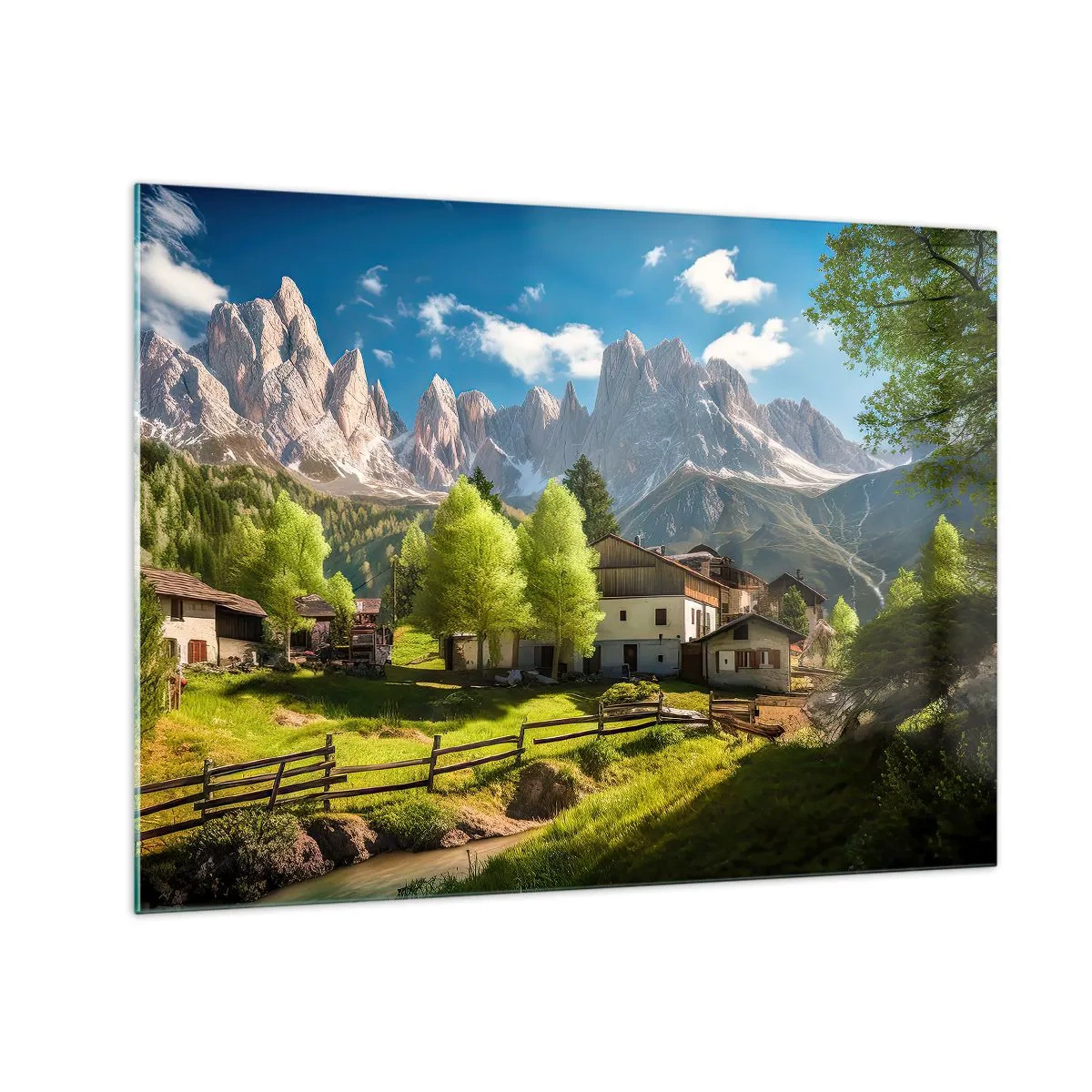 Obraz na szkle - Wiejska zabudowa wśród zieleni u stóp alpejskich szczytów - 70x50cm - Alpejska sielanka - Nowoczesna dekoracja ścienna do salonu i sypialni ARTTOR