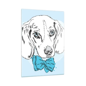 Obraz na szkle - Rysunek psa z muszką na niebieskim tle - 50x70cm - Psia elegancja - Nowoczesna dekoracja ścienna do salonu, kuchni i sypialni ARTTOR