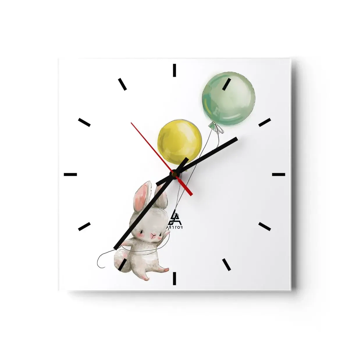 Zegar ścienny - Królik trzymający balony w pastelowych odcieniach - 30x30cm - Też polecę! - Nowoczesna dekoracja ścienna do salonu i sypialni ARTTOR