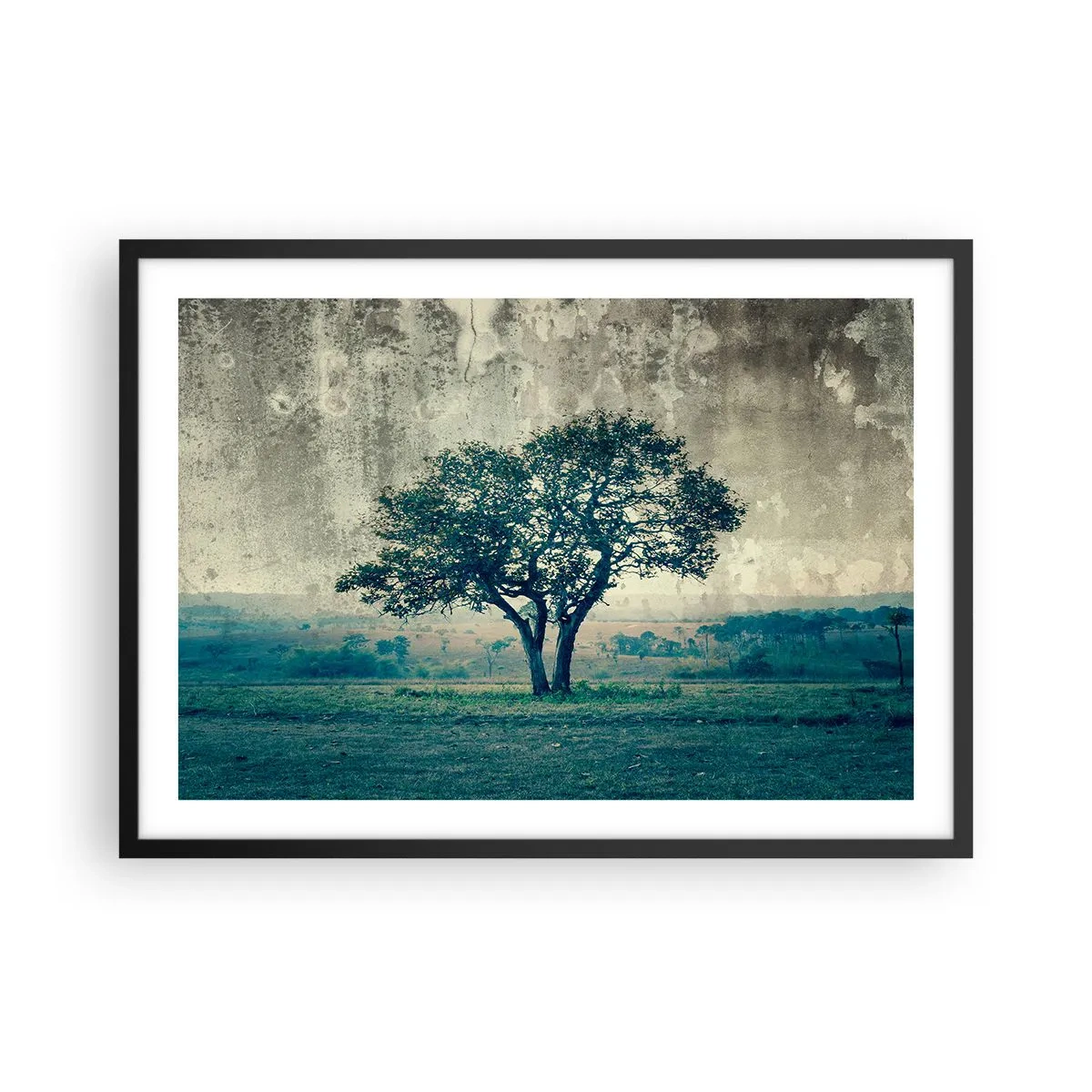 Plakat w czarnej ramie - Samotne drzewo na tle zamglonego krajobrazu - 70x50cm - Jabłoń na błękitnym błoniu? - Nowoczesna dekoracja ścienna do salonu i sypialni ARTTOR