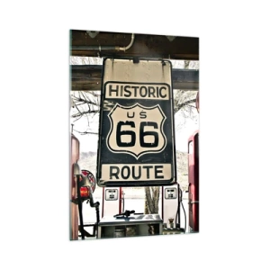 Obraz na szkle - Historyczna stacja benzynowa z symbolem Route 66 - 70x100cm - Amerykańska retro podróż - Nowoczesna dekoracja ścienna do salonu i sypialni ARTTOR
