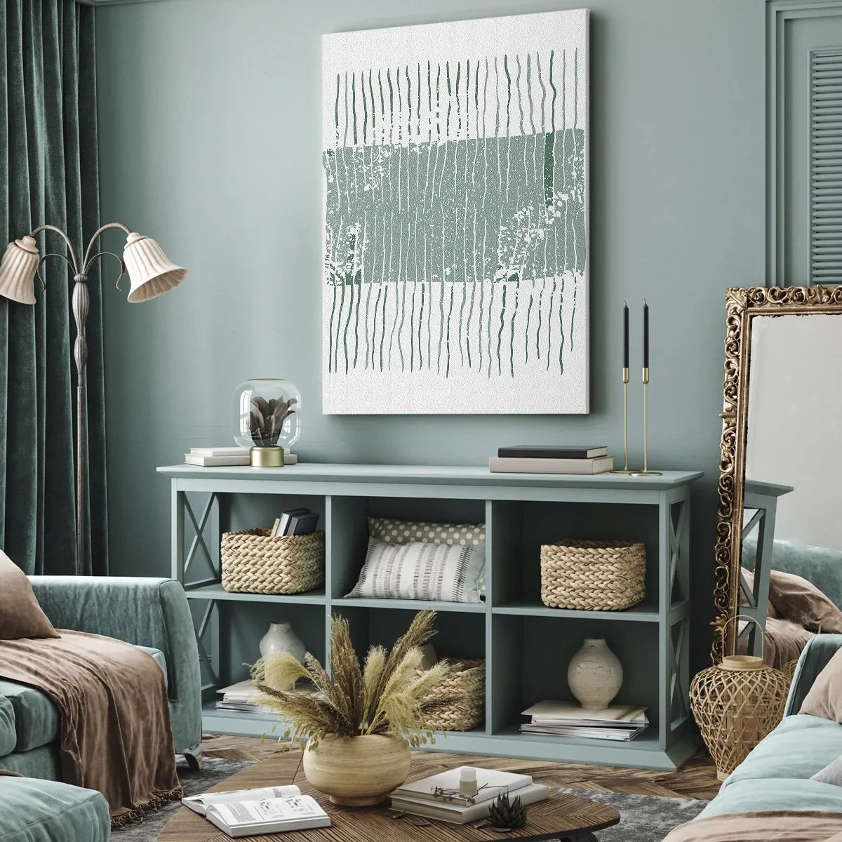 Obraz na płótnie - Geometryczny wzór w odcieniach morskiej zieleni i bieli - 80x120cm - Abstrakcja morska - Nowoczesna dekoracja ścienna do salonu i sypialni ARTTOR