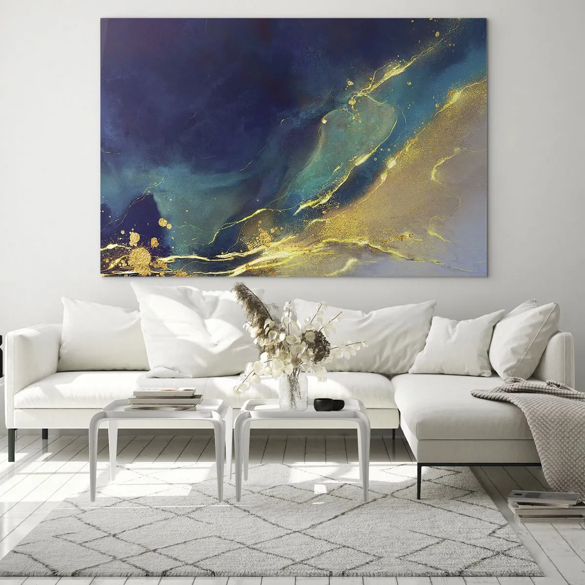 Obraz na szkle - Abstrakcyjna kompozycja w odcieniach granatu, turkusu i złota - 100x70cm - Złote rozlewisko - Nowoczesna dekoracja ścienna do salonu, kuchni i sypialni ARTTOR