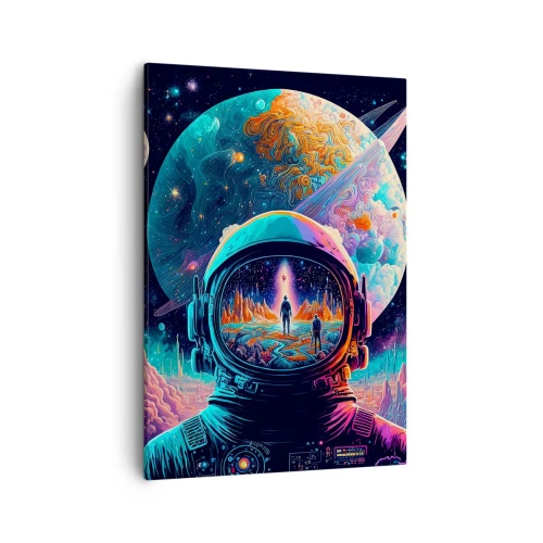 Obraz na płótnie - Astronauta i surrealistyczny krajobraz - 50x70cm - Filozofom się nie śniło - Nowoczesna dekoracja ścienna do salonu, kuchni i sypialni ARTTOR