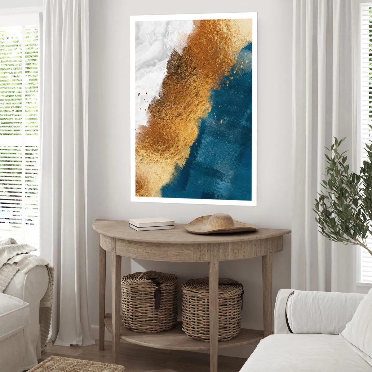 Plakat - Abstrakcyjna kompozycja złota, granatu i bieli - 50x70cm - Barwy lata - Nowoczesna dekoracja ścienna do salonu, kuchni i sypialni ARTTOR