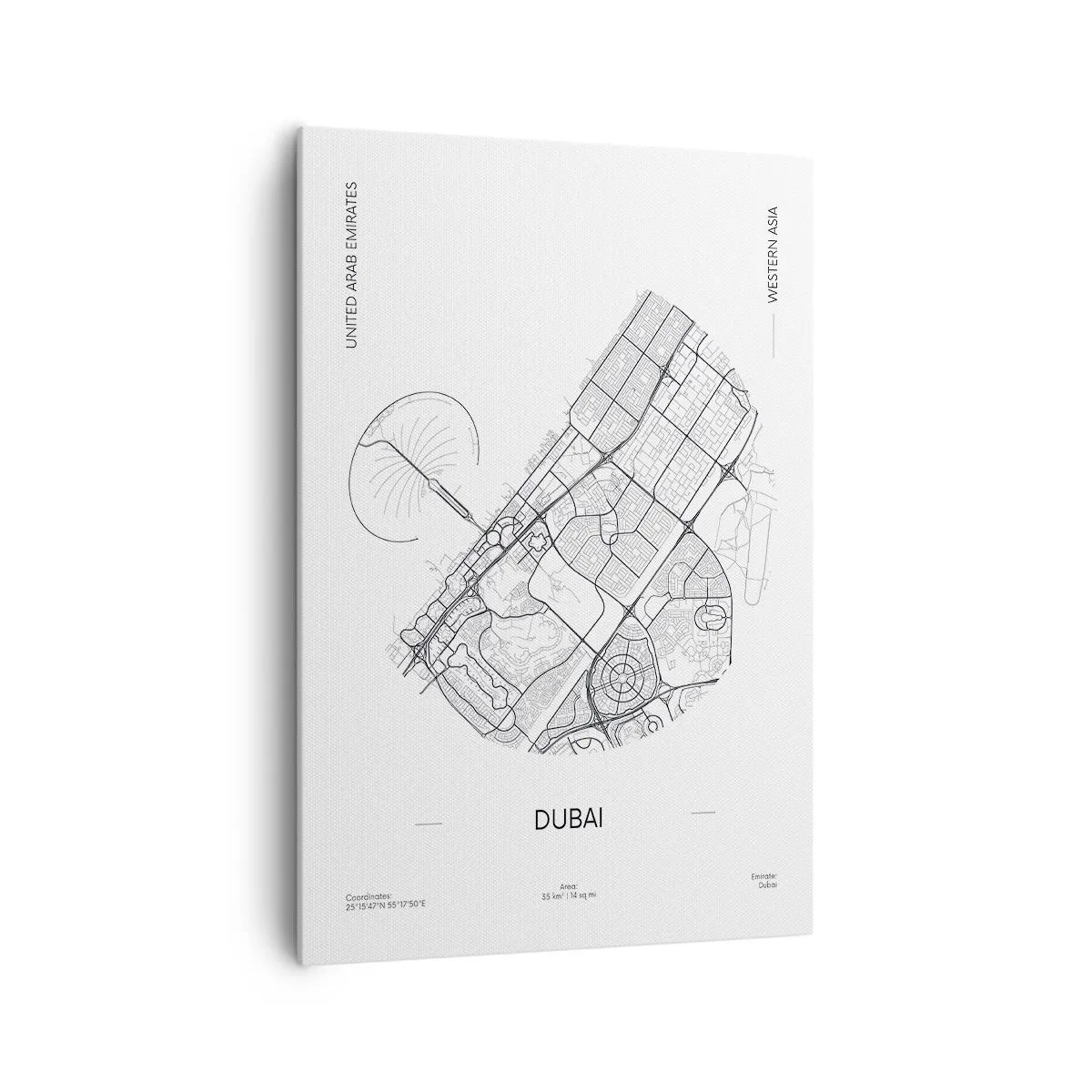 Obraz na płótnie - Minimalistyczna mapa Dubaju w czarno-białej kolorystyce z oznaczeniami lokalizacji - 70x100cm - Anatomia Dubaju - Nowoczesna dekoracja ścienna do salonu i sypialni ARTTOR