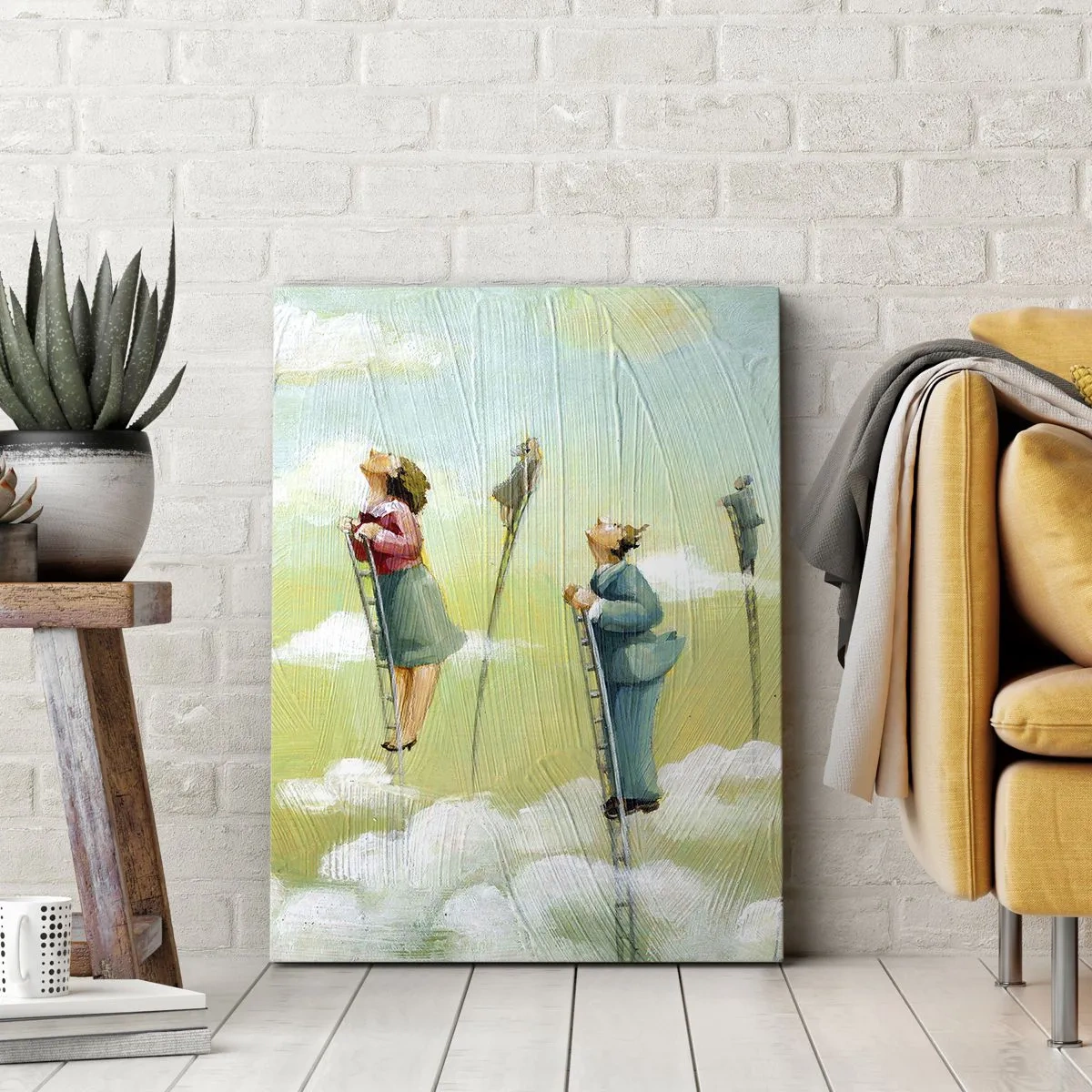 Obraz na płótnie - Postacie na drabinach wśród chmur w surrealistycznym stylu - 50x70cm - Za swoim marzeniem - Nowoczesna dekoracja ścienna do salonu, kuchni i sypialni ARTTOR