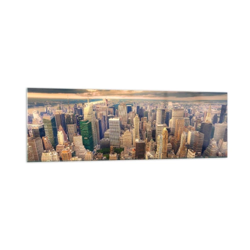 Obraz na szkle - Panorama miasta z widokiem na drapacze chmur o zachodzie słońca - 160x50cm - Wyzłocone metropolis - Nowoczesna dekoracja ścienna do salonu i sypialni ARTTOR