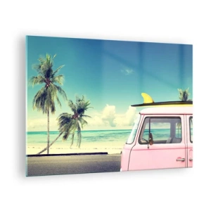 Obraz na szkle - Plaża z palmami i różowym vanem w stylu retro przy morzu - 70x50cm - Wakacje czas zacząć - Nowoczesna dekoracja ścienna do salonu i sypialni ARTTOR