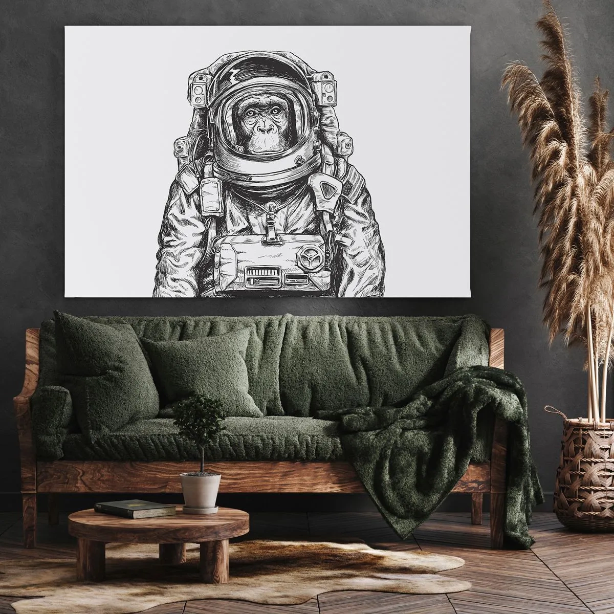 Obraz na płótnie - Grafika astronauty w skafandrze z głową małpy - 120x80cm - Alternatywna ewolucja - Nowoczesna dekoracja ścienna do salonu, kuchni i sypialni ARTTOR