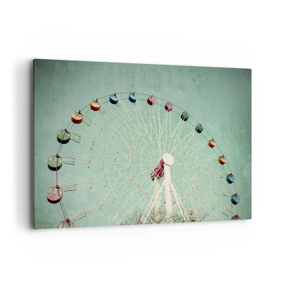 Obraz na płótnie - Kolorowy diabelski młyn na tle błękitnego nieba w stylu retro - 120x80cm - Zapraszamy do zabawy - Nowoczesna dekoracja ścienna do salonu, kuchni i sypialni ARTTOR