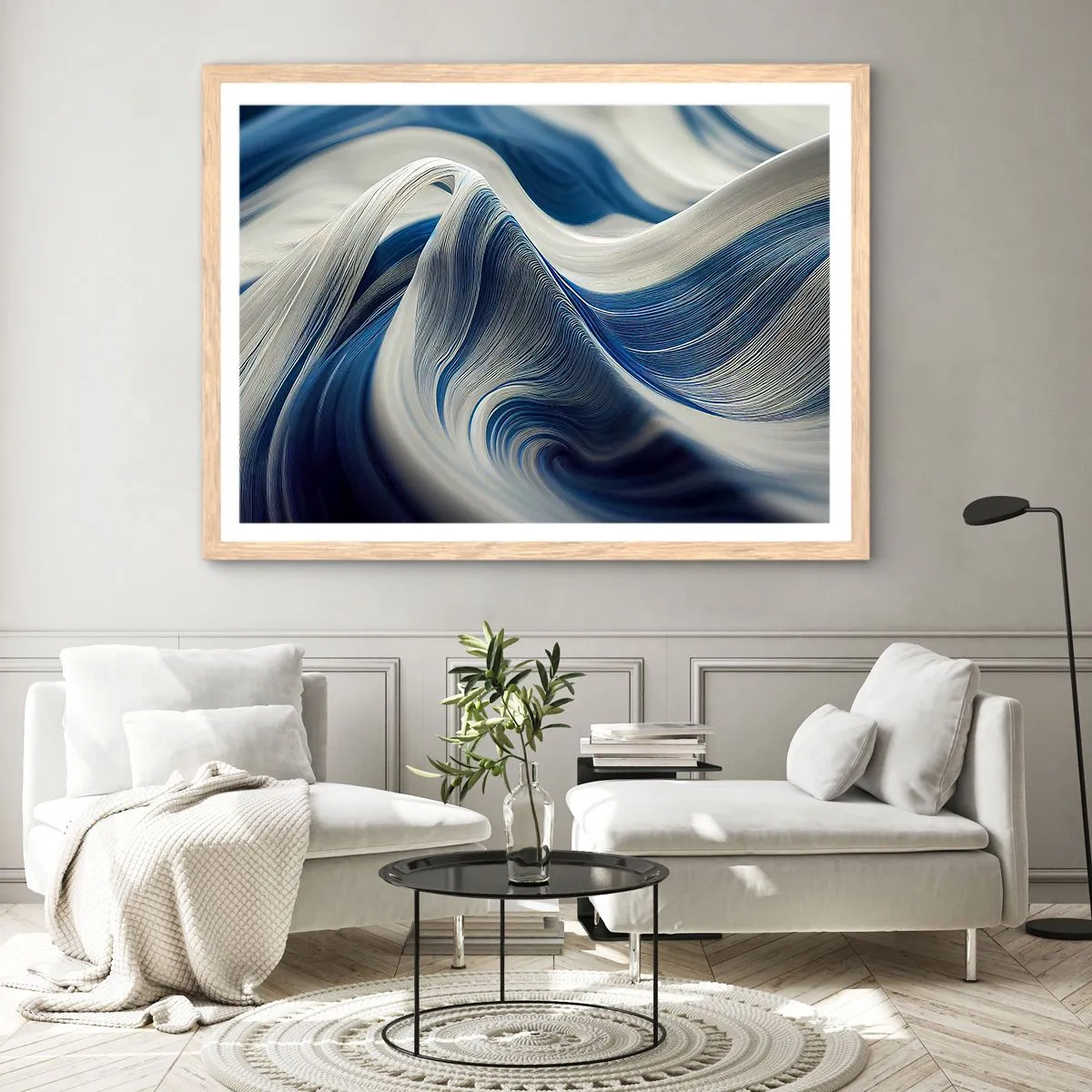 Plakat w ramie jasny dąb - Płynność błękitu i bieli - 100x70 cm