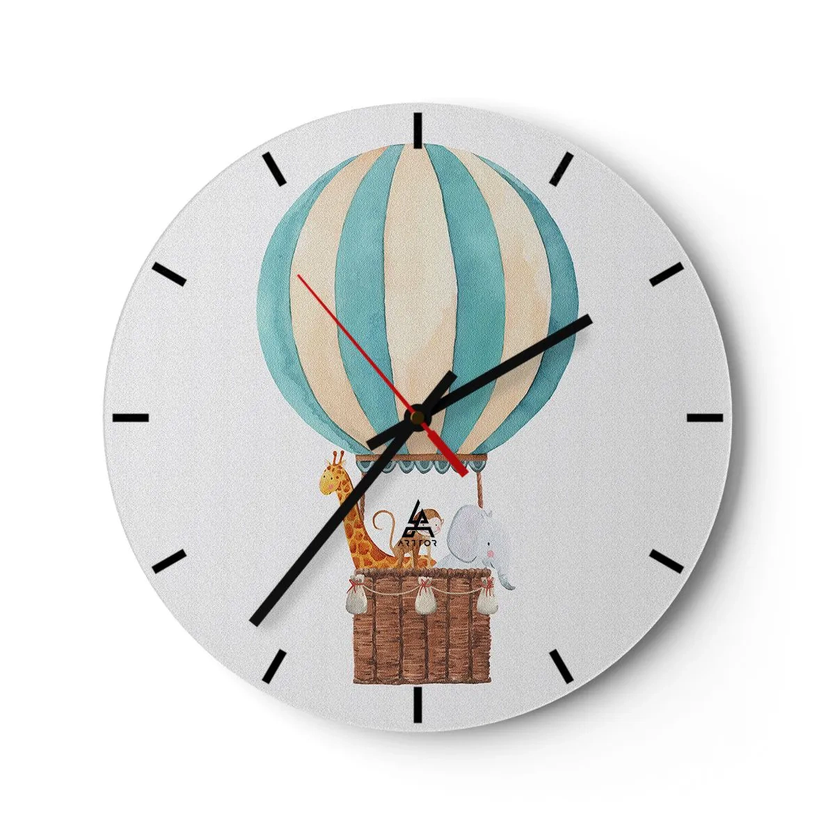 Zegar ścienny - Balon z żyrafą i słoniem unoszący się w chmurach - 30x30cm - Fantastyczna wycieczka - Nowoczesna dekoracja ścienna do salonu, kuchni i sypialni ARTTOR
