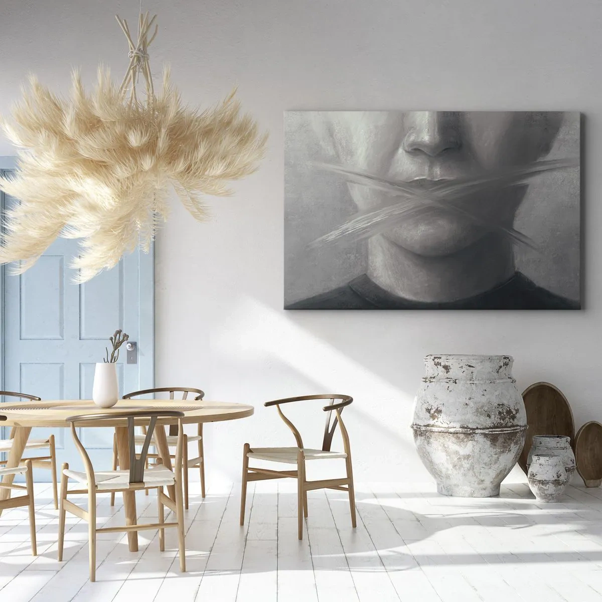 Obraz na płótnie - Symboliczny portret z zamazanymi ustami w szarej tonacji - 120x80cm - Ani słowa - Nowoczesna dekoracja ścienna do salonu, kuchni i sypialni ARTTOR