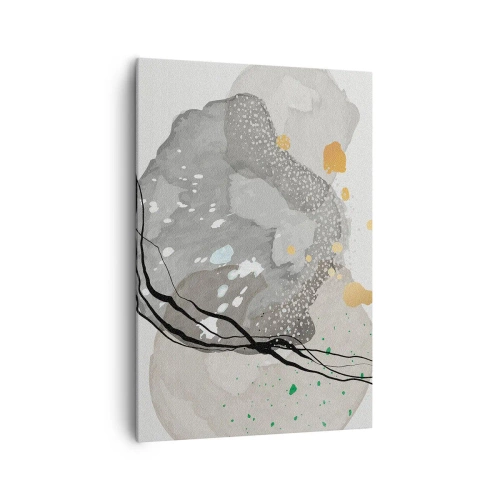 Obraz na płótnie - Organiczne kształty w szarościach z akcentami czerni i złota - 70x100cm - Kompozycja organiczna - Nowoczesna dekoracja ścienna do salonu i sypialni ARTTOR