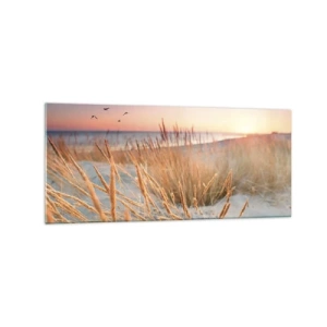 Obraz na szkle - Plaża o zachodzie słońca z wysokimi trawami - 120x50cm - Bałtycka kołysanka - Nowoczesna dekoracja ścienna do salonu i sypialni ARTTOR